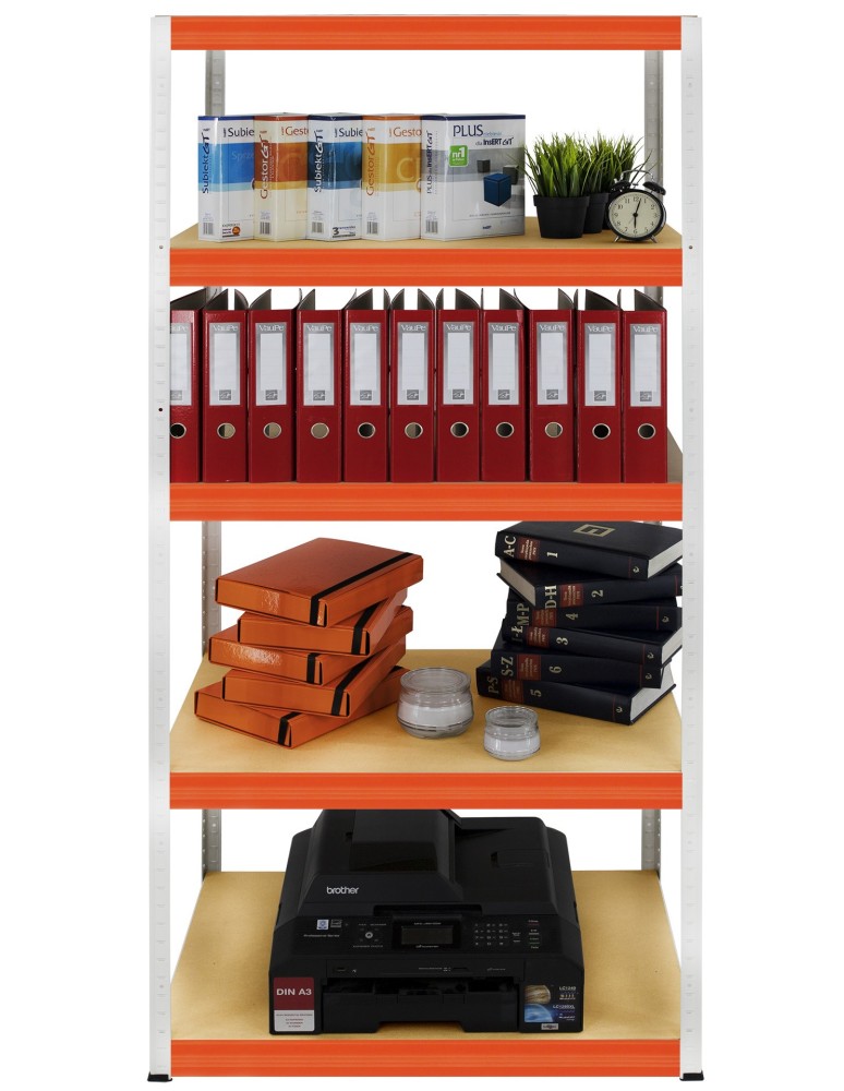 Kellerregale/Garagenregale - Metallregal Werkstatt Schwerlastregal Helios HWO_196x110x35_5 Böden, Traglast: 350 Kg, Farbe: WEIß/ORANGE - product new.modo24.de 4