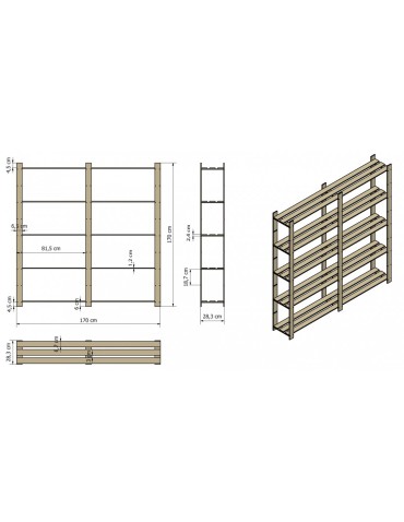 Holzregal 5 Böden 170x170x28 cm, B02R_170X170X28_R0F1, gebeizt in BRAUN - product 2