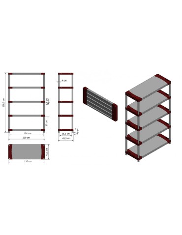 Kellerregale/Garagenregale - Plastikregal Kunststoffregal Steckregal  Jupiter-5-110 (180x110x46), 5 Böden, ROT - product 3