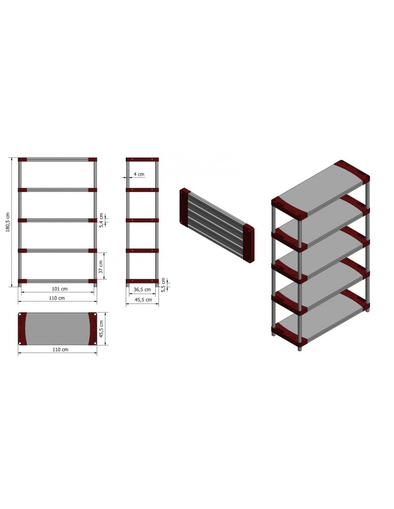 Kellerregale/Garagenregale - Plastikregal Kunststoffregal Steckregal  Jupiter-5-110 (180x110x46), 5 Böden, ROT - product new.modo24.de 3