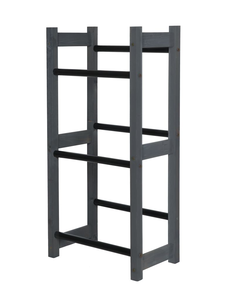 Holzregale - Kistenständer, Ständer für 3 Kisten, Serie RSR (108x55x32 cm), Kiefernholz gebeizt in GRAU/ PCV-Schwarz - product new.modo24.de 1