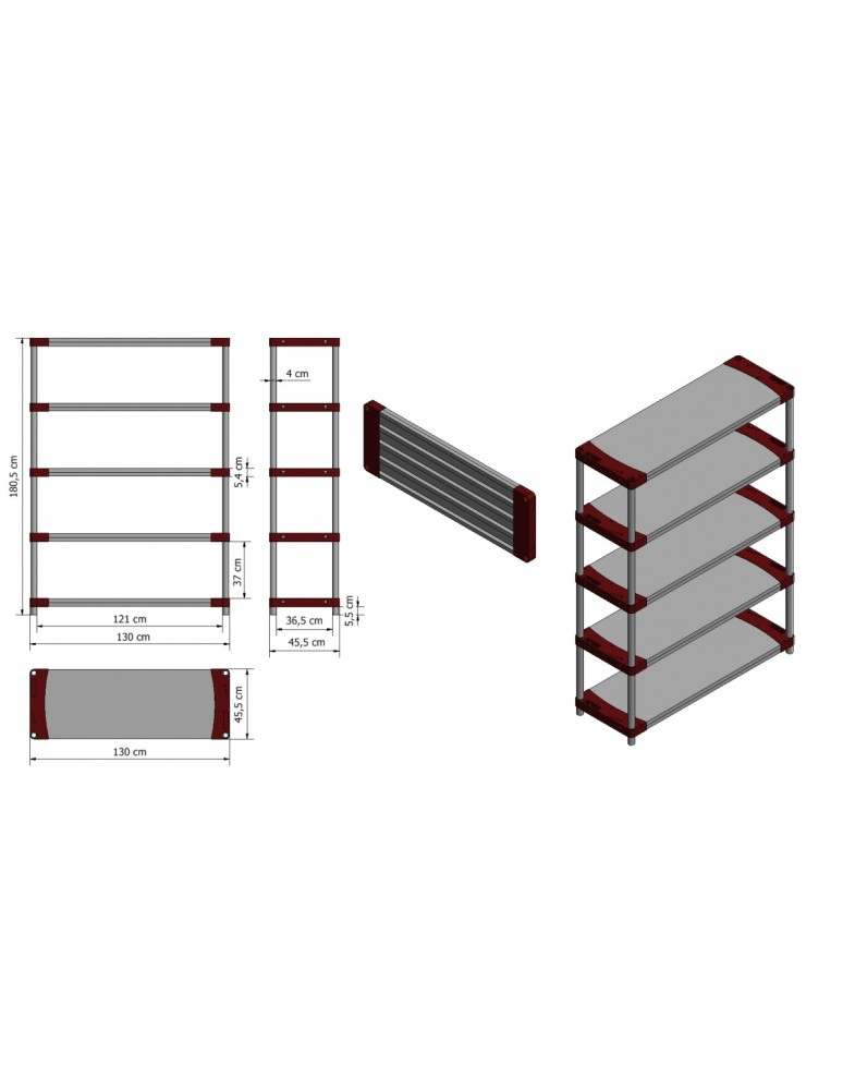 Kellerregale/Garagenregale - Plastikregal Kunststoffregal Steckregal  Tytan-5-130 (180x130x46), 5 Böden, ROT - product new.modo24.de 3