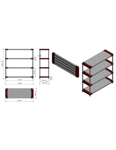 Plastikregal Kunststoffregal Steckregal  Tytan-4-130 (138x130x46), 4 Böden, ROT - product 2