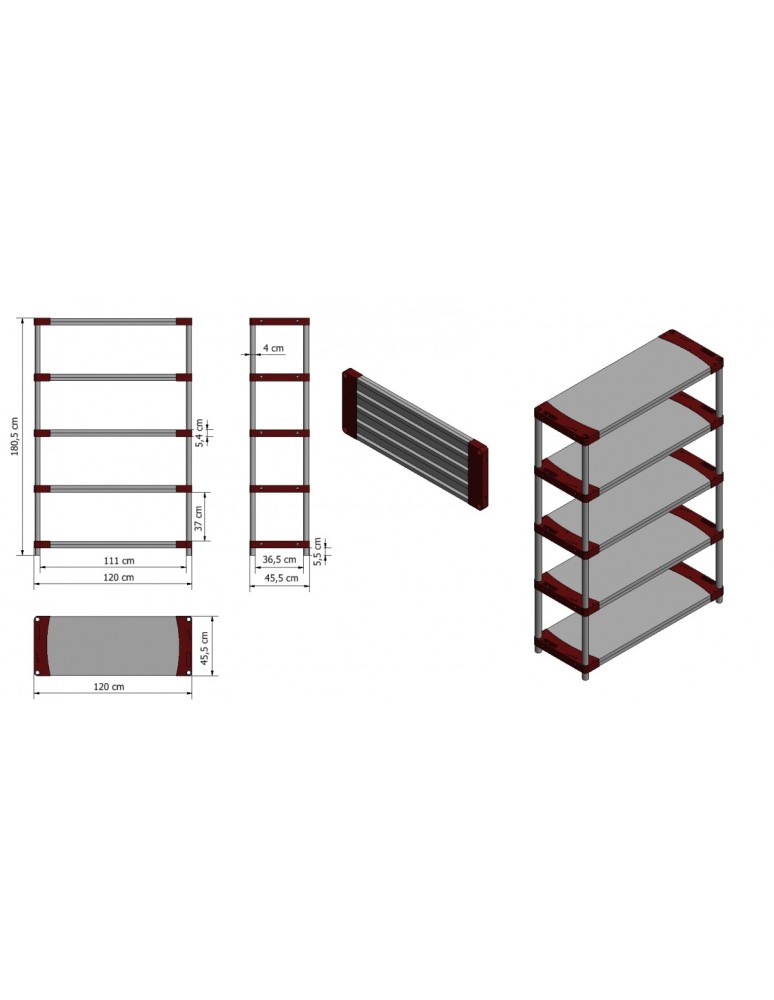 Kellerregale/Garagenregale - Plastikregal Kunststoffregal Steckregal  Tytan-5-120 (180x120x46), 5 Böden, ROT - product new.modo24.de 4