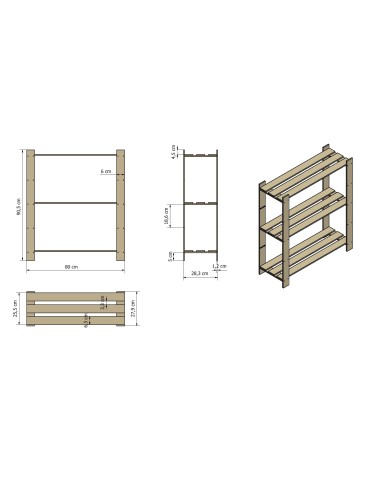 Holzregal 3 Böden 90x80x28 cm, B26R_090X080X28_N0F1, Unbehandelt - product 2