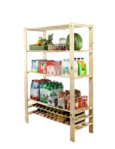 Holzregal, Lagerregal. Kellerregal Maxi RW-4NP (166,4x120x50), 4 Massivböden + 2 Weinböden, unbehandelt