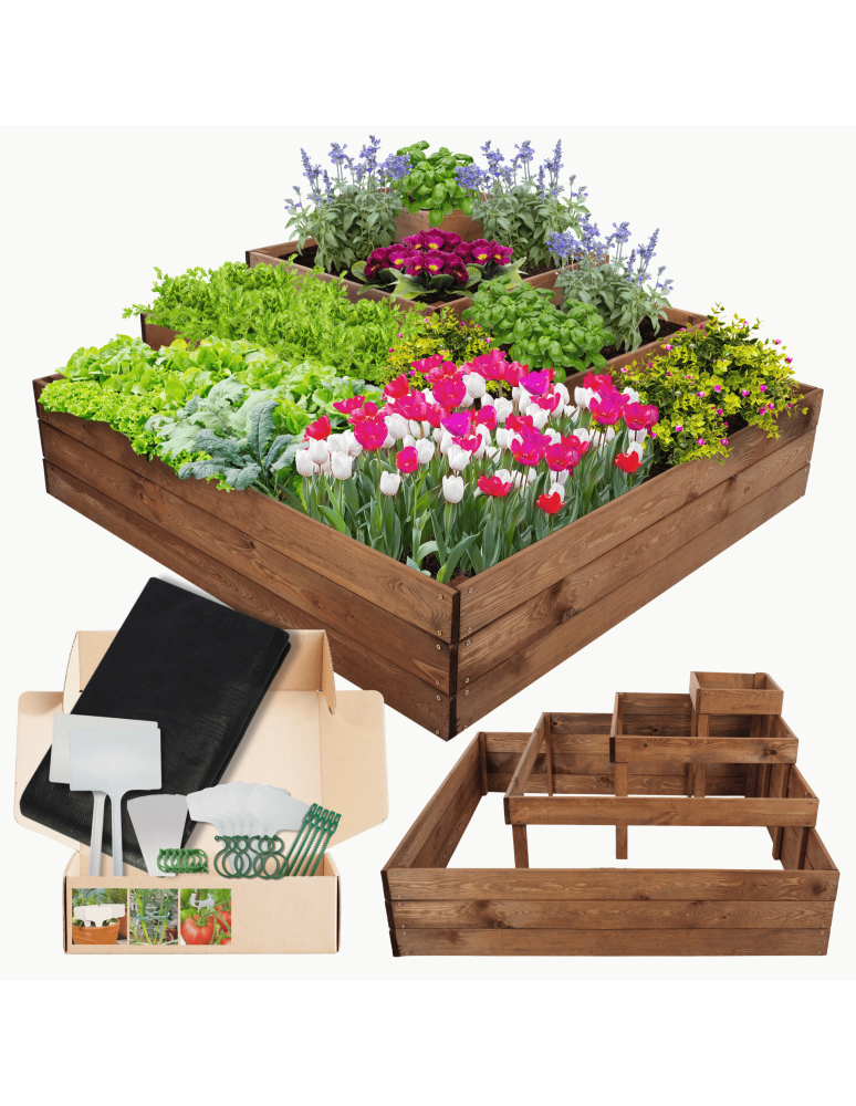 Serie ZP06 - Hochbeet, Kräuterbeet, Gartenbeet, Pflanzbeet, für Garten und Terrasse, Kiefernholz 54x119x119 cm, Farbe: Braun imprägniert - product new.modo24.de 1