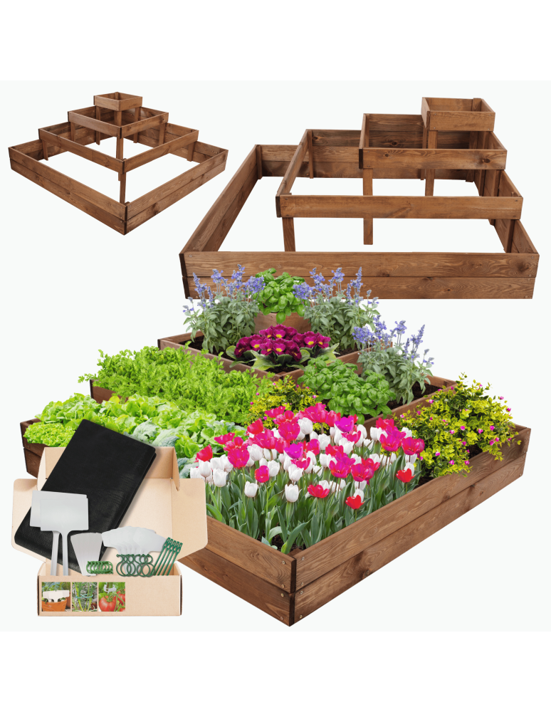 Serie ZP06 - Hochbeet, Kräuterbeet, Gartenbeet, Pflanzbeet, für Garten und Terrasse, Kiefernholz 45x119x119 cm, Farbe: Braun imprägniert - product new.modo24.de 1