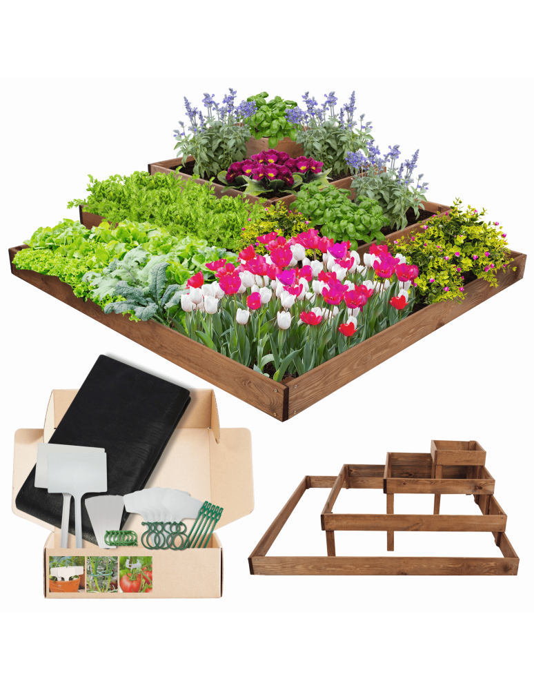 Serie ZP06 - Hochbeet, Kräuterbeet, Gartenbeet, Pflanzbeet, für Garten und Terrasse, Kiefernholz 36x119x119 cm, Farbe: Braun imprägniert - product new.modo24.de 1