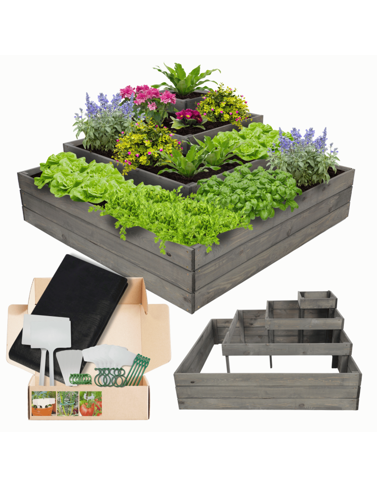 Serie ZP06 - Hochbeet, Kräuterbeet, Gartenbeet, Pflanzbeet, für Garten und Terrasse, Kiefernholz 54x119x119 cm, Farbe: Grau imprägniert - product new.modo24.de 1