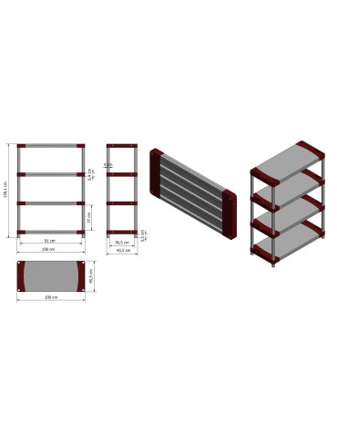 Plastikregal Kunststoffregal Steckregal  Jupiter-4-100 (138x100x46), 4 Böden, ROT - product 2